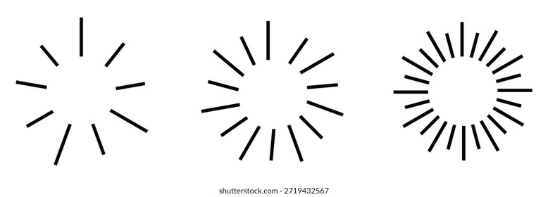 Círculo arredondado radial tracejado e pontilhado. Padrão de linha circular semelhante aos raios de luz do sol. Eps 10