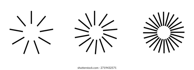 Dashed and dotted line rippled radial rounded circle. Circular line pattern resembling sunshine light rays. Eps 10