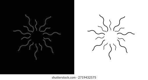 Círculo arredondado radial tracejado e pontilhado. Padrão de linha circular semelhante aos raios de luz do sol. Eps 10