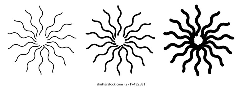 Círculo arredondado radial tracejado e pontilhado. Padrão de linha circular semelhante aos raios de luz do sol. Eps 10