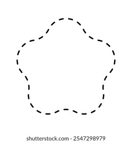 Ícone de flor tracejada isolado no fundo branco. Forma floral geométrica com linha pontilhada. Corte aqui o pictograma. Ilustração de contorno de vetor.