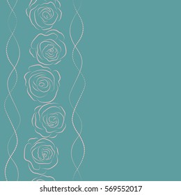 Dashed flowers illustration in neutral and blue colors. Vertical seamless pattern with copy space (place for your text).