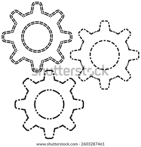 Dashed gear icons. Mechanical cog symbol. Industrial wheel shape. Vector engineering sign.