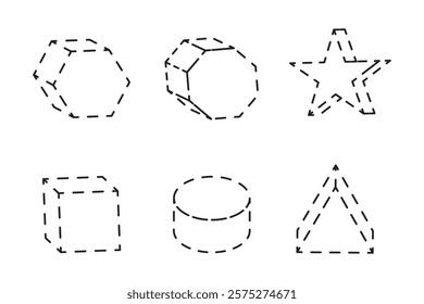 Dashed geometric shapes. Hexagon star cube triangle. Minimal outline vector. Abstract black design.