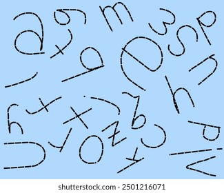 Gestrichelter handschriftlicher Buchstabe in Kleinbuchstaben. Kinder lernen zu schreiben. 