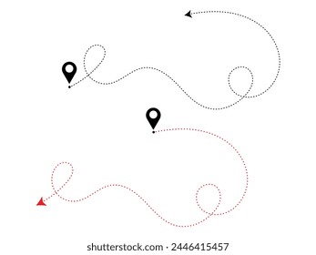 Dashed line arrow route path location pin with winding vector.