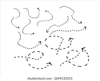 Conjunto De Vetores De Seta Tracejada. Ponteiros Pontilhados Pretos Abstratos para Planejamento de Rota, Fluxogramas Conceituais, Caminhos de Rastreamento e Elementos de Interface do Usuário Moderna.