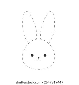 Dashed line bunny head outline in cartoon style.
Perfect for kids’ crafts, DIY projects, and educational illustrations.