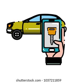 dashed line car and man hand with smartphone digital key