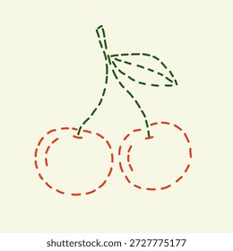 Dashed line cherry illustration in doodle style. Hand-drawn embroidery berry simple design. Stitched cottagecore element. Vector graphic