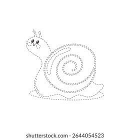 Dashed line cute snail with big eyes and spiral shell outline in cartoon style. Perfect for kids’ crafts, DIY projects, and educational illustrations.