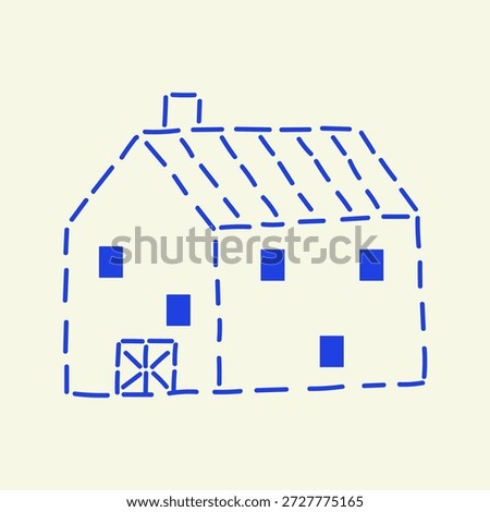 Dashed line farmhouse illustration in doodle style. Hand-drawn embroidery house simple design. Stitched farm element. Vector graphic