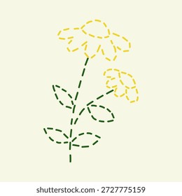 Ilustração de flor de linha tracejada em estilo doodle. Camomila bordado desenhado à mão design simples. Elemento floral costurado. Gráfico vetorial