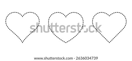 Dashed line heart outline vector icon set. Romantic love, Valentine’s Day, wedding, or craft design element. Black dashed hearts isolated on white background.