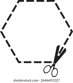 Uma linha tracejada em forma de hexágono está sendo cortada por uma tesoura. Essa imagem vetorial está relacionada a formas, recorte ou ilustrações