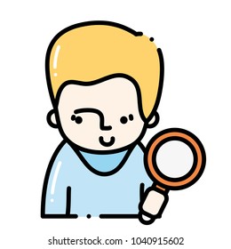 dashed line man with hairstyle and magnifying glass object
