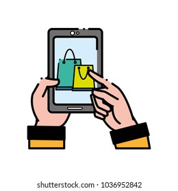 dashed line man hand with smartphone and shopping online
