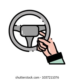 dashed line man hand with steering wheel to drive