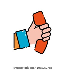 dashed line man hand with telephone communication technology