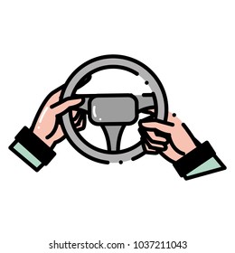 dashed line man hands driveing steering wheel