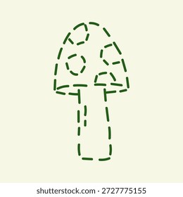 Dashed line mushroom illustration in doodle style. Hand-drawn embroidery amanita. Stitched cottagecore element. Vector graphic