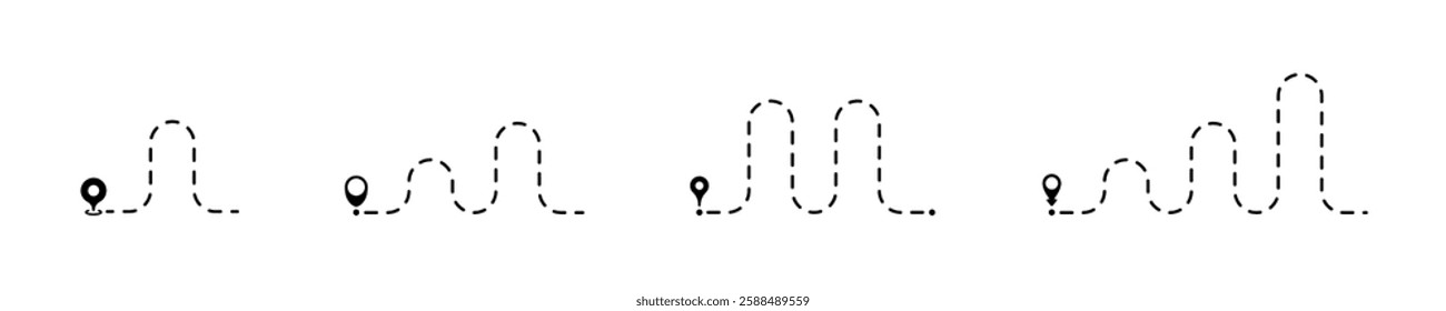 Dashed line path with location pin pointer. Dotted line path. Dashed trace. Travelling symbols. Abstract dashed lines. Way dirrection lines. Travel way