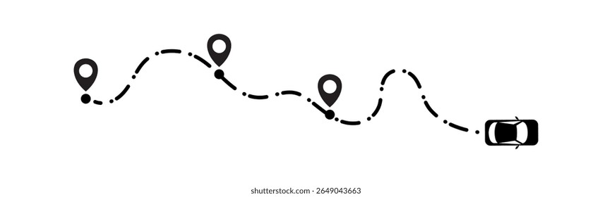 Ilustração de caminho de linha tracejada com carro e vários pinos de ponto de estrada, significando rotas de viagem dinâmicas de navegação multiponto complexas e rastreamento de viagem detalhado