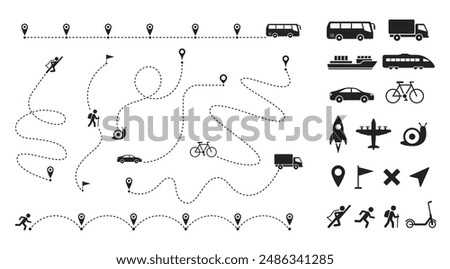 Dashed line route. Travel navigation routes with dash line path, location pins and transportation shipping delivery icons, ship and plane, train and car. Roadmap paths for infographic. Way vector set.