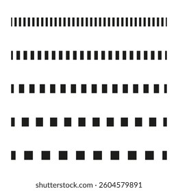 Dashed line set. Horizontal dash patterns. Minimal vector elements. Monochrome abstract shapes.