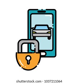 dashed line smartphone with car and close padlock security