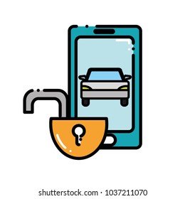 dashed line smartphone with car and open padlock security