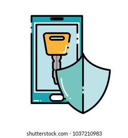 dashed line smartphone with digital key and shield security