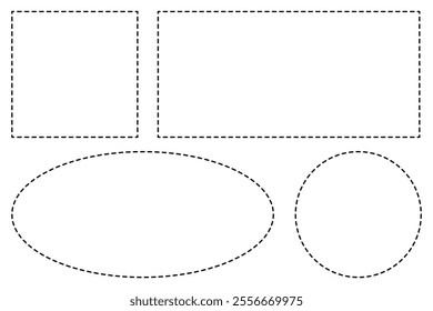 Dashed line square, circle, oval shapes frames background isolated on white background, EPS Vector illustration.