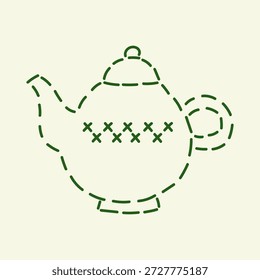 Ilustração de bule de chá de linha tracejada em estilo doodle. Chaleira de bordados desenhada à mão com decoração de ponto de cruz. Elemento de utencil costurado. Gráfico vetorial