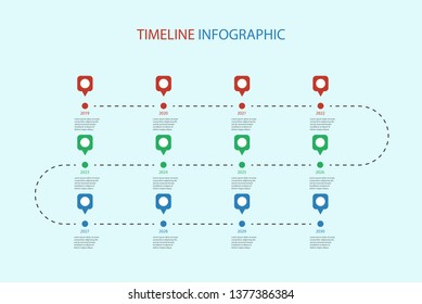 Dashed line timeline infographic template with 12 points. Can be used for business concept, presentation, web design, banners, diagram, workflow, timeline. Vector eps 10