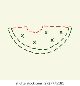 Dashed line water-melon illustration in doodle style. Hand-drawn embroidery berry simple design. Stitched vector element