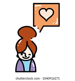 dashed line woman with heart inside chat bubble message
