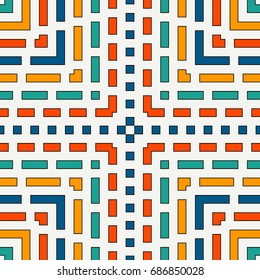 Dashed lines abstract background. Seamless pattern with geometric motif. Mosaic ornament. Bright colors digital paper, textile print, page fill. Vector art