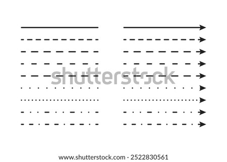 Dashed lines, dotted arrows. Simple pointers collection set isolated elements. Vector graphic in flat style