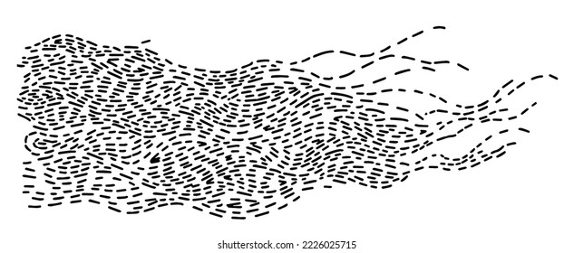 Dashed lines forming image of waves and circles. Isolated abstract drawing or visual optical illusion. Childish painting for coloring. Minimalist artwork design. Vector in flat style illustration