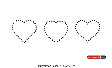 Dashed Lines Heart Icons Set. Symbol of Love. Flat Vector Icon Design Template Elements.