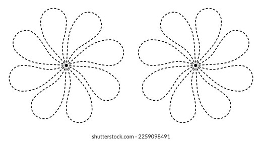 Dashed outline of Two Flowers with Eight Petals facing in different directions Vector