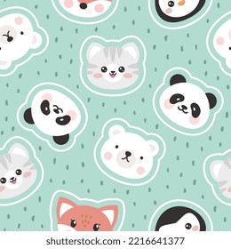 Los animales de color verde pastel disfrazados, sin costura para los niños, oso polar, pingüino, zorro, panda, caras lindas gatitos con trazos blancos. Impresión de tela para niños y niñas.
