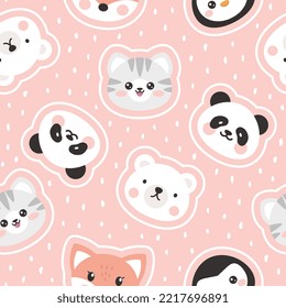 Dashed pastel pink animals seamless pattern for kids, polar bear, penguin, fox, panda, kitten cute faces with white strokes. Baby boy and girl fabric print.