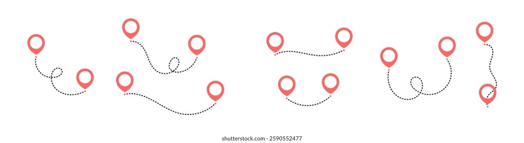 Dashed Path with Location Pin Markers Vector Set