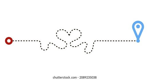 Dashed paths in shape heart routes isolated on white background. Transport tracking, travel, map pins, location pins. Business graph, psychotherapy, on the way to the goal. Vector illustration.