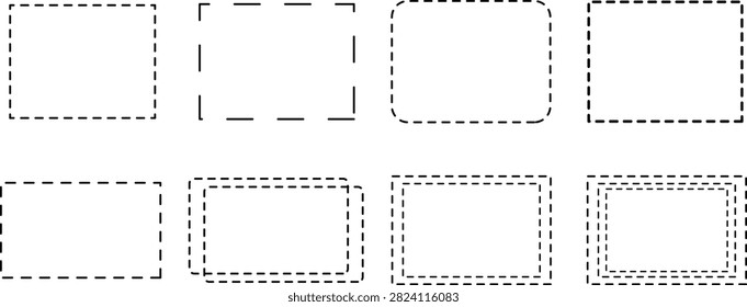 Dashed rectangle frame and border set with black outline designs for creative page decoration