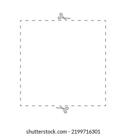 Forma de rectángulo discontinuo con tijeras. Cortando forma de contorno. Recortar la figura de plantilla para el asiento en fondo blanco. Ilustración vectorial. La venta cupone la frontera de cultivos. Línea perforada de la erupción.