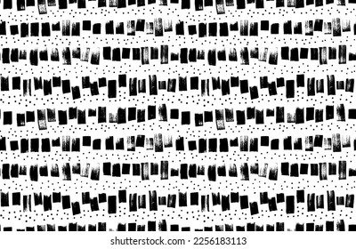 Dashed short lines and dots seamless pattern. Brush drawn simple geometric element. Vector dotted lines in doodle style. Abstract background with graphic stamps. Irregular brush strokes. 