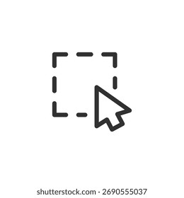 Quadrado tracejado com seta do cursor, ícone linear. Seleção de área e quadro digital. Linha com traçado editável.